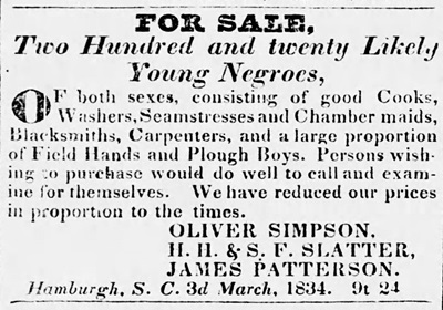 1834 advertisement by the Slatters to attract Georgia salve buyers to their establishment in Hamburg, South Carolina.